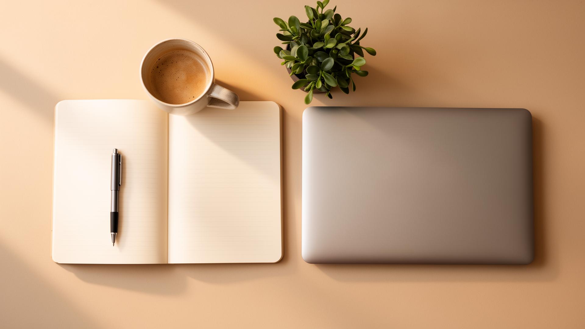 Escritorio ordenado con notebook, café y libreta
