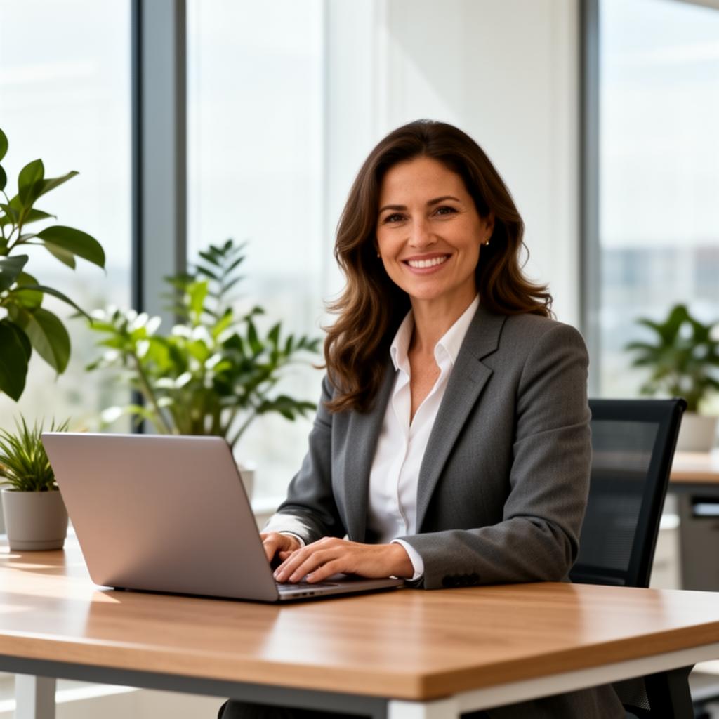 Asesora profesional trabajando en una notebook en una oficina luminosa